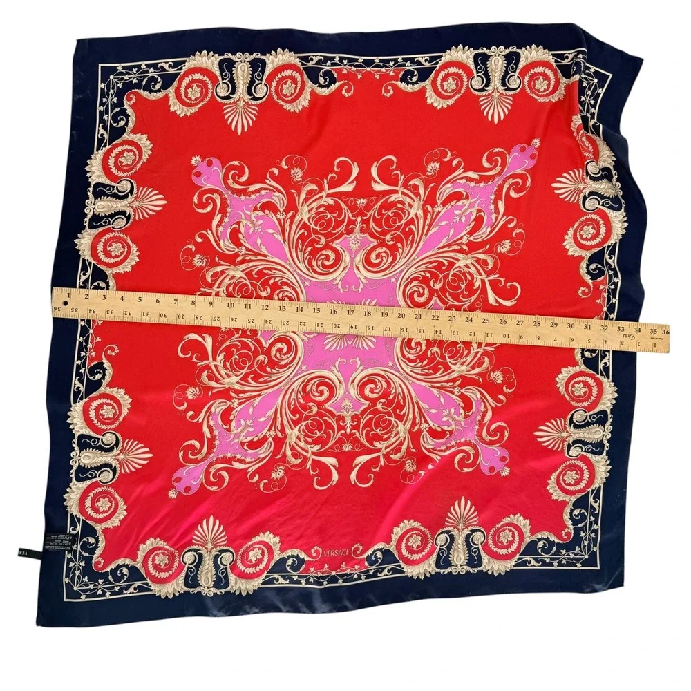 Versace Silk Scarf Red Navy Baroque Filigree Ornate Square 34